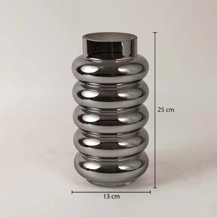 Dimension image of smoked grey glass cylinder vase with five stacked ribbed rings showing 25 cm height and 13 cm width.