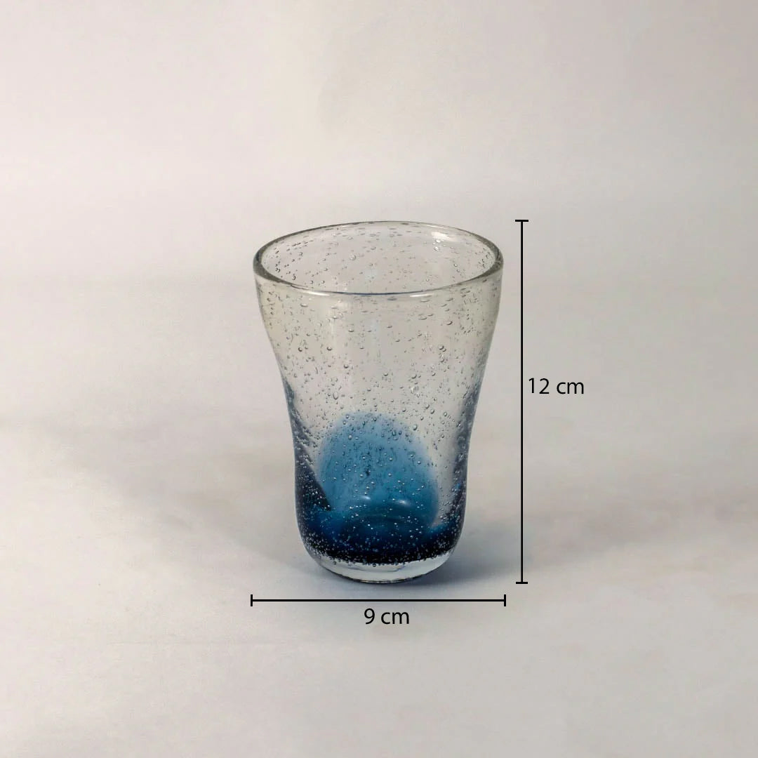 Dimension image of clear speckled bubble glass tumbler vase featuring a deep blue internal base 12 cm height and 9 cm width.