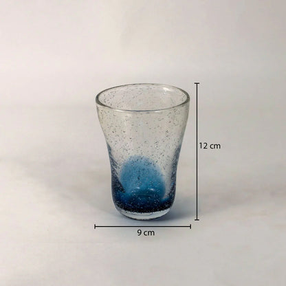 Dimension image of clear speckled bubble glass tumbler vase featuring a deep blue internal base 12 cm height and 9 cm width.