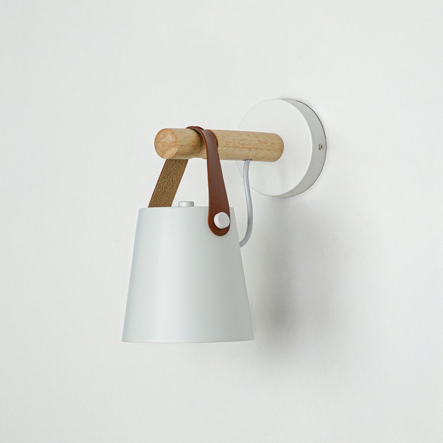Modern white metal wall light with wooden accents for elegant minimalist interior lighting decor.