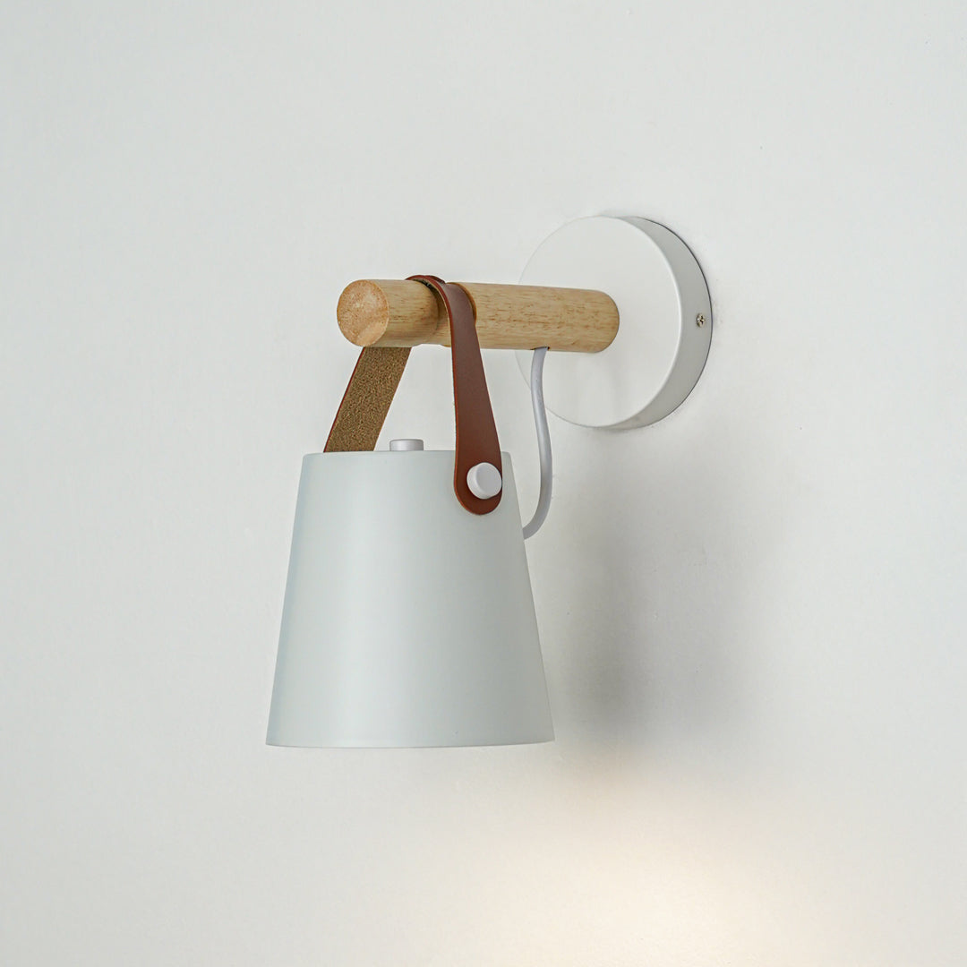 Contemporary white metal wall light with wooden detailing for elegant minimalist interior lighting decor.