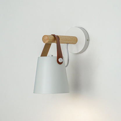 Contemporary white metal wall light with wooden detailing for elegant minimalist interior lighting decor.