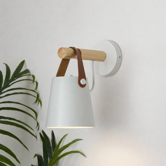 Modern white metal spotlight wall light with wooden accents for cozy contemporary interior decor.
