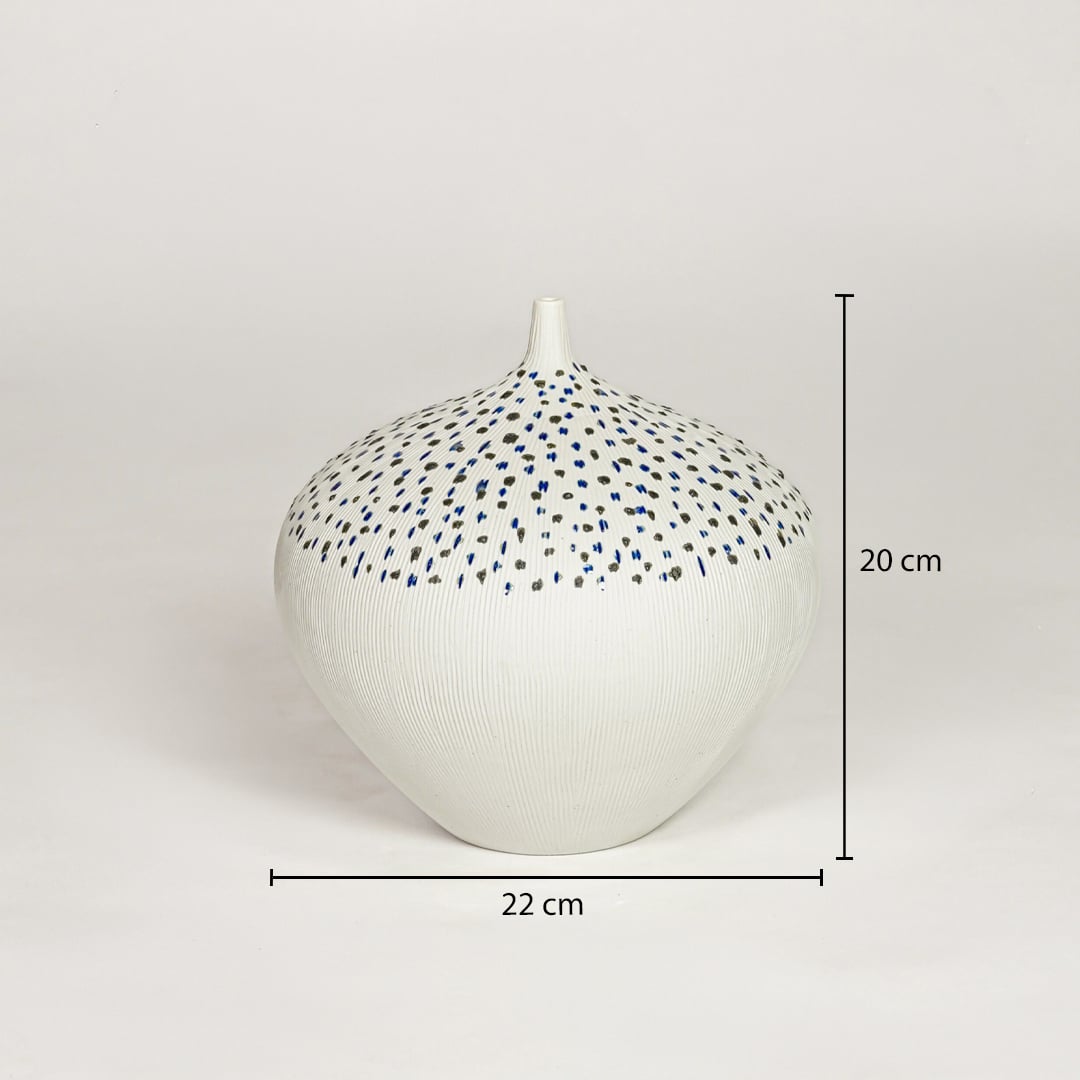White ceramic decorative vase showing 22 cm width and 20 cm height ideal for console table shelf and modern home decor display.