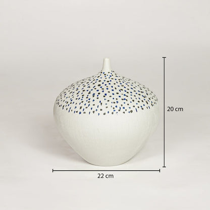 White ceramic decorative vase showing 22 cm width and 20 cm height ideal for console table shelf and modern home decor display.