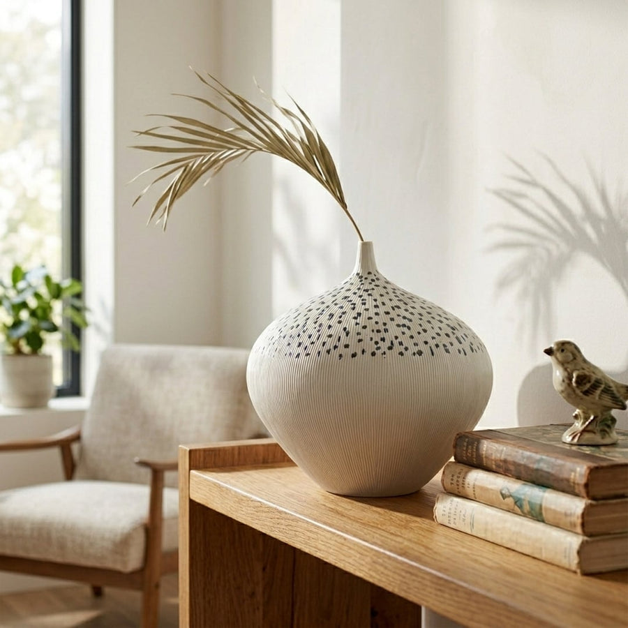 White ceramic decorative vase with dotted blue and black pattern perfect for dried flower display on console table and modern home decor.