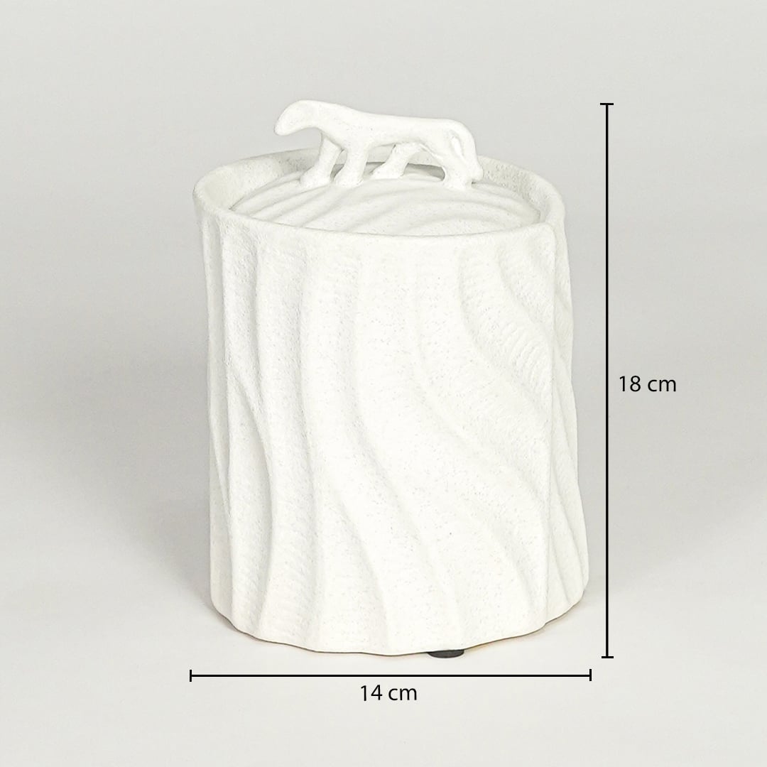 White ceramic decorative jar with sculpted lid showing 18 cm height and 14 cm width suitable for table shelf or console placement.