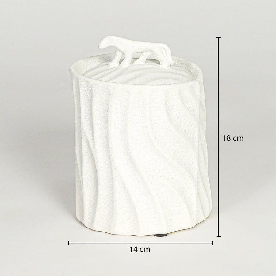 White ceramic decorative jar with sculpted lid showing 18 cm height and 14 cm width suitable for table shelf or console placement.