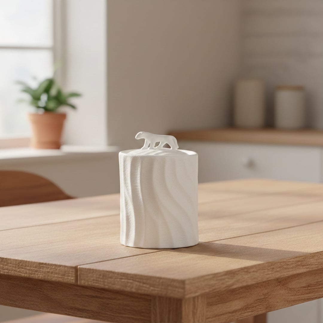 White textured ceramic decorative jar with sculpted animal lid styled on wooden table in warm modern living room setting.