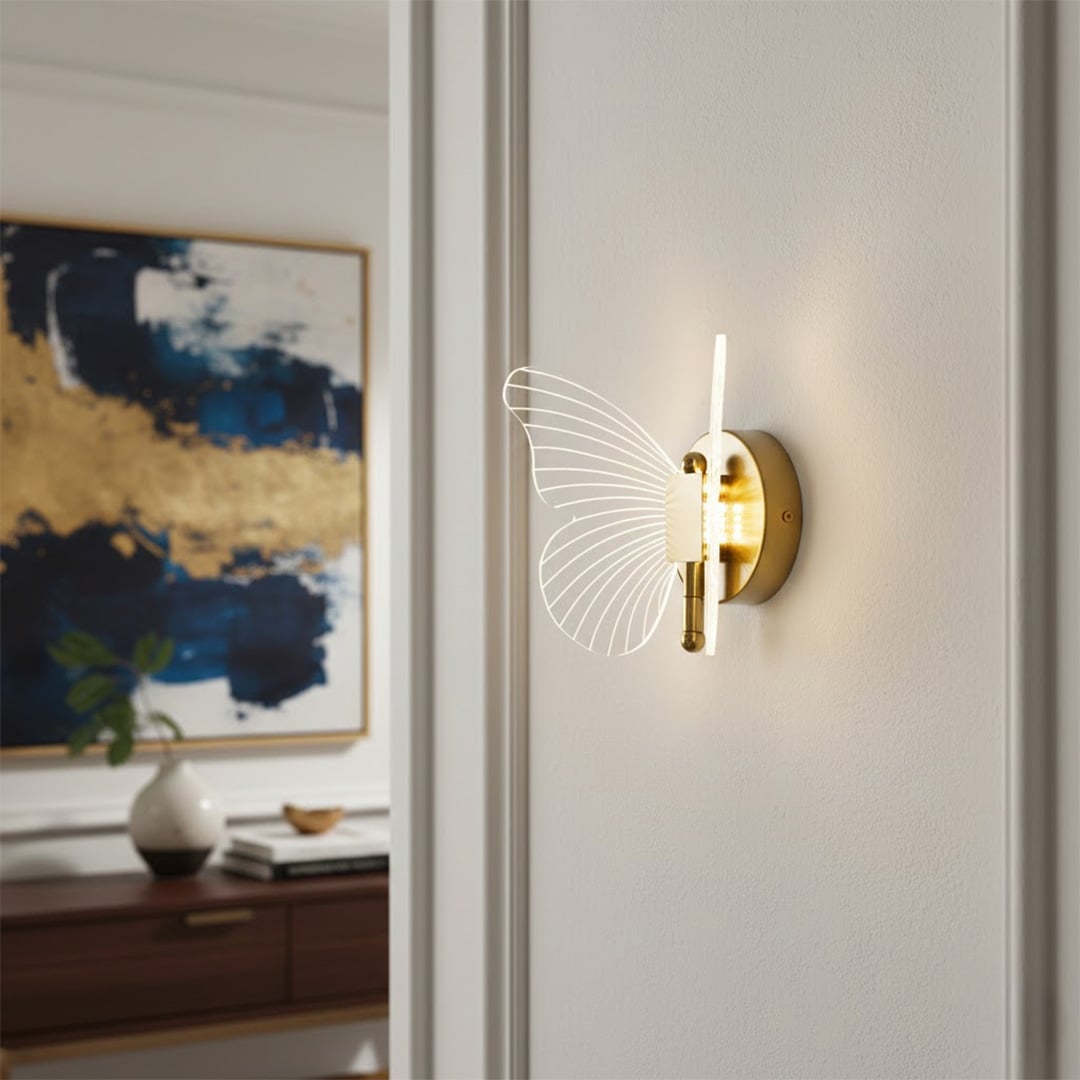 Gold metal wall light lifestyle image with textured glass shade for elegant modern hallway interior decor.