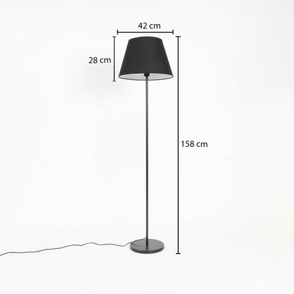 Black floor lamp with fabric shade showing 158 cm height 42 cm width and 28 cm shade depth.