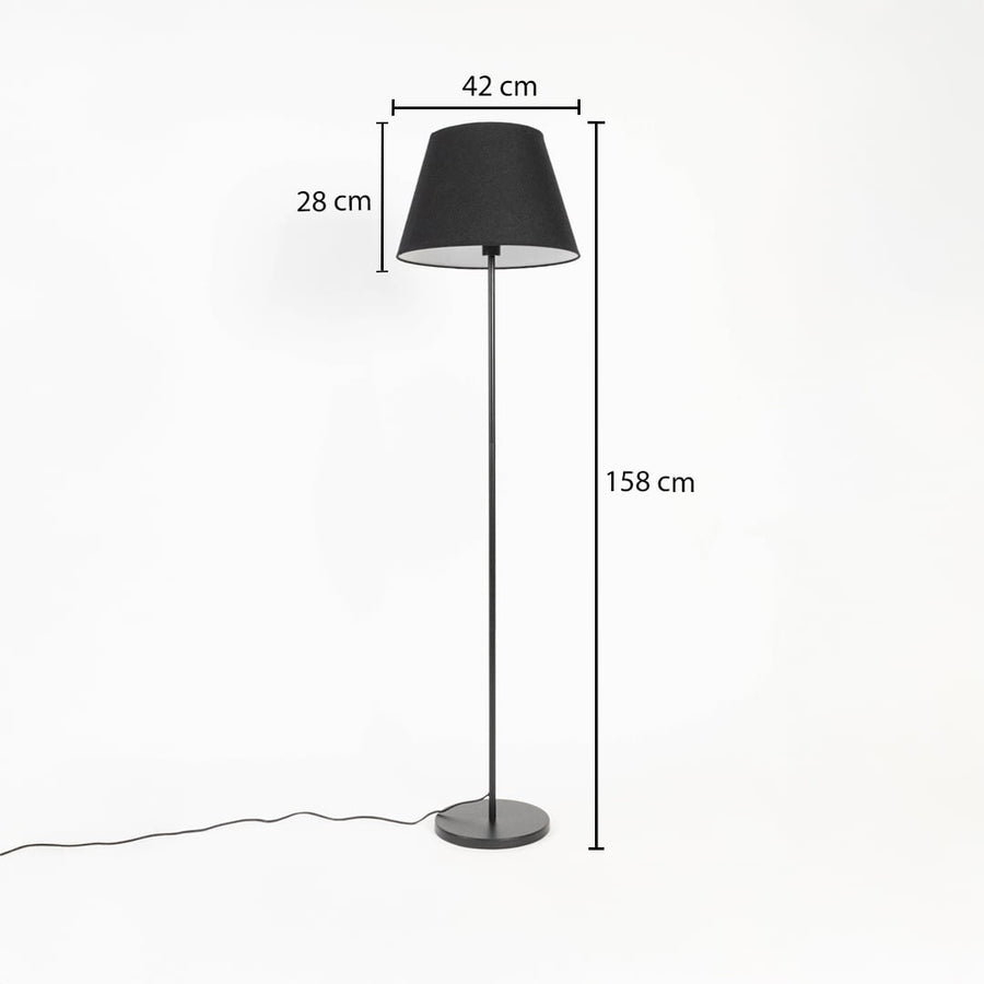 Black floor lamp with fabric shade showing 158 cm height 42 cm width and 28 cm shade depth.