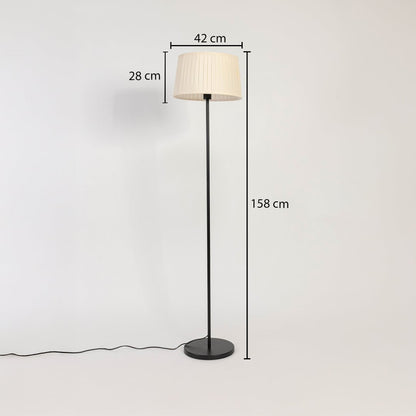 White pleated fabric shade floor lamp with slim black stand 158 cm height 42 cm width and 28 cm shade depth.