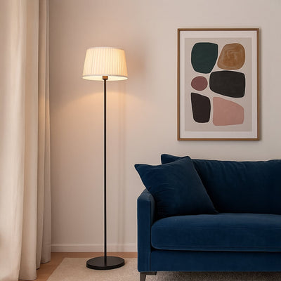 Caelis Linear Black Floor Lamp with Pleated Drum Shade - Off White