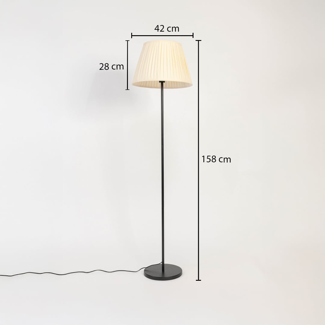 Floor lamp 158 cm height with 42 cm shade diameter and 28 cm depth shown with size measurements.