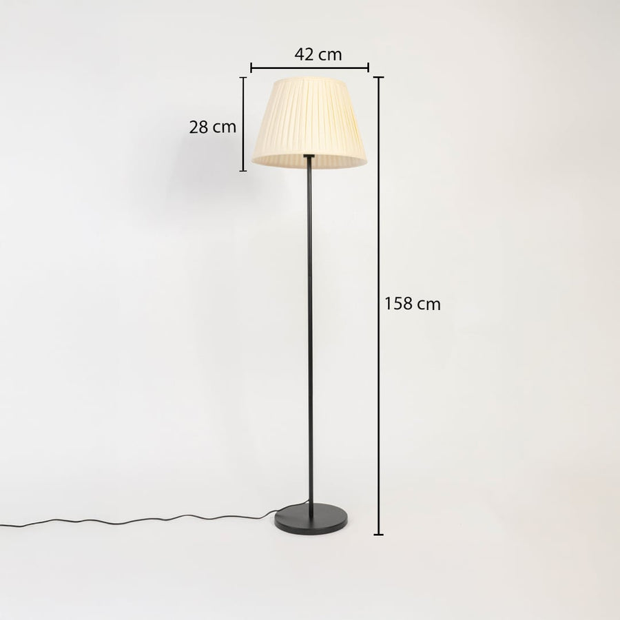 Floor lamp 158 cm height with 42 cm shade diameter and 28 cm depth shown with size measurements.