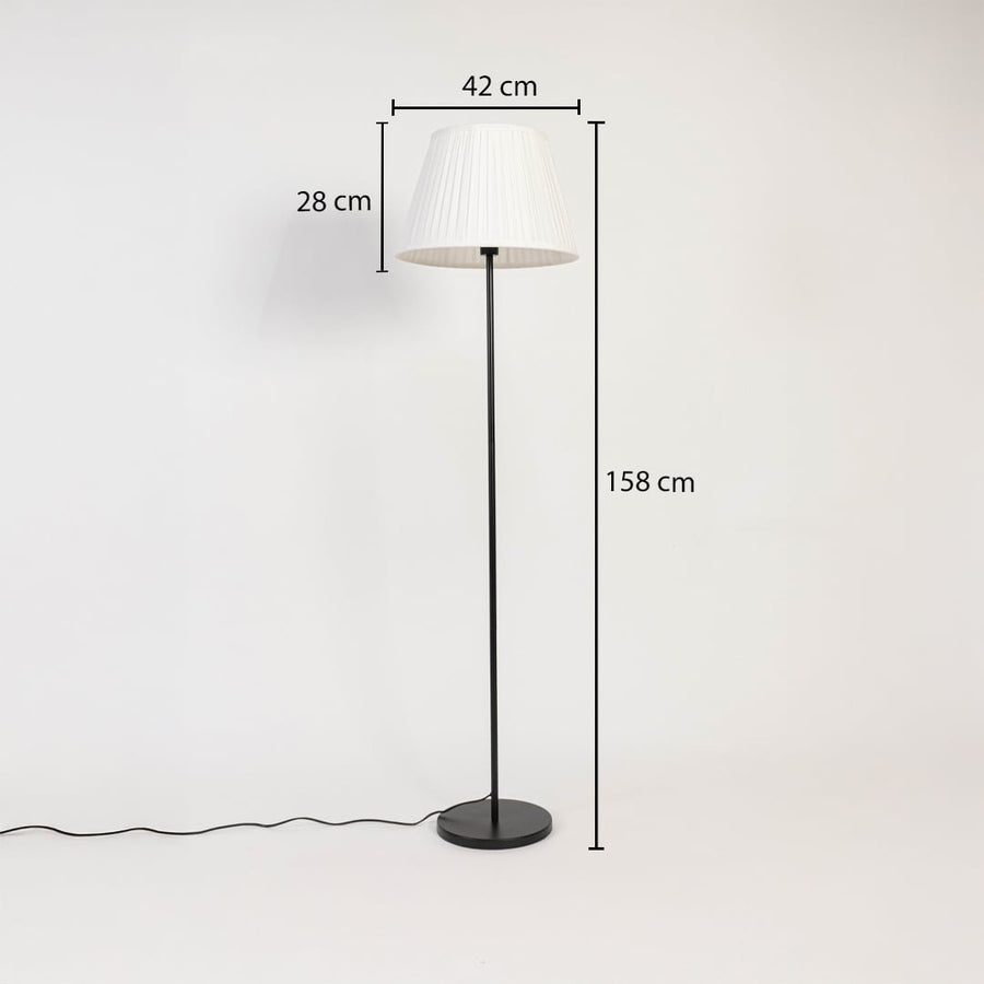 Pleated floor lamp dimensions height 158 cm shade width 42 cm depth 28 cm.