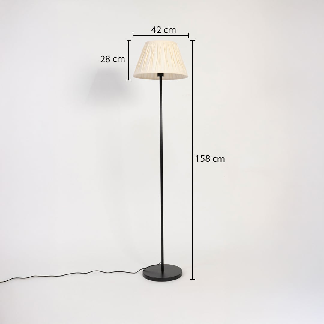 Cream pleated fabric shade floor lamp with slim black stand 158 cm height 42 cm width and 28 cm shade depth.