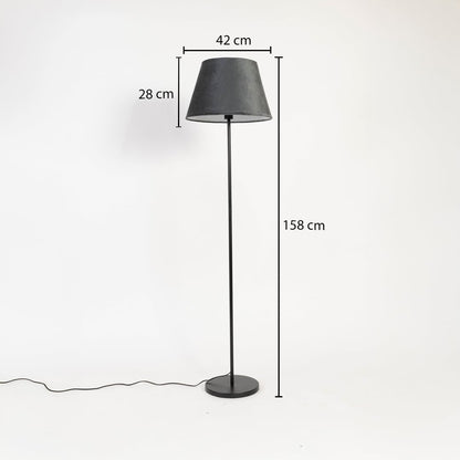 Black fabric shade floor lamp with slim metal stand 158 cm height 42 cm width and 28 cm shade depth.