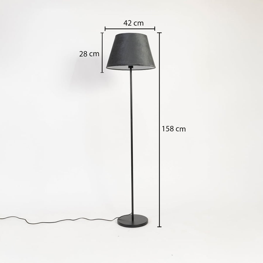 Black fabric shade floor lamp with slim metal stand 158 cm height 42 cm width and 28 cm shade depth.