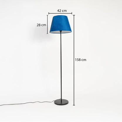 Blue fabric shade floor lamp with slim black stand 158 cm height 42 cm width and 28 cm shade depth.