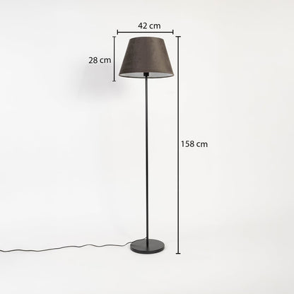 Brown fabric shade floor lamp with slim black stand 158 cm height 42 cm width and 28 cm shade depth.