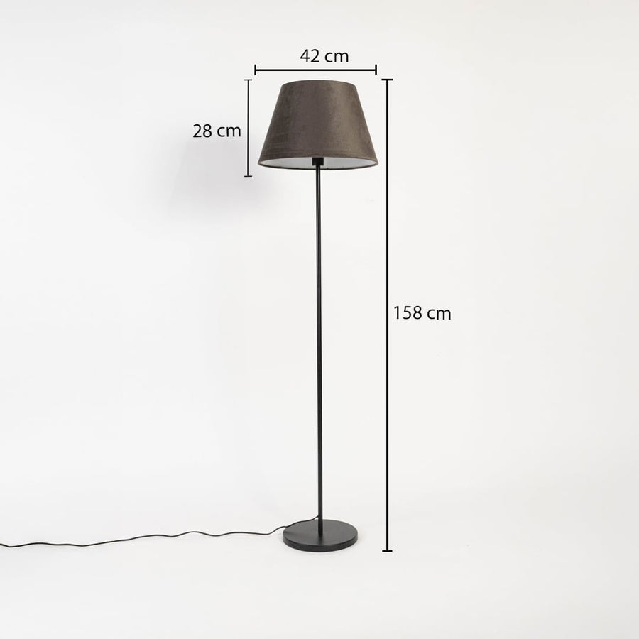 Brown fabric shade floor lamp with slim black stand 158 cm height 42 cm width and 28 cm shade depth.