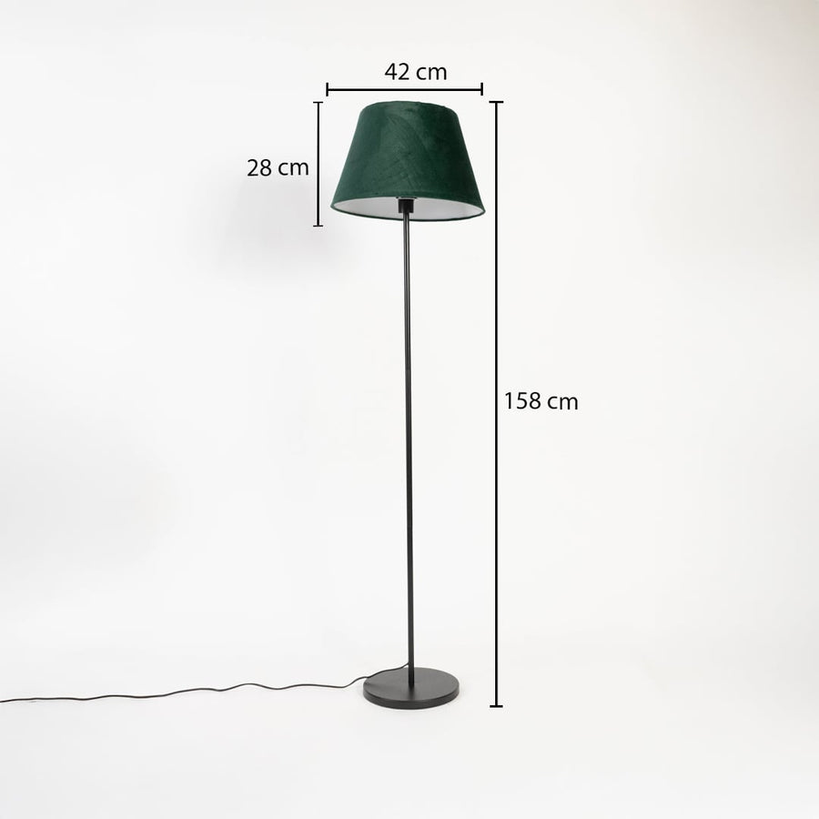 Dark green shade floor lamp with slim black stand 158 cm height 42 cm width and 28 cm shade depth.