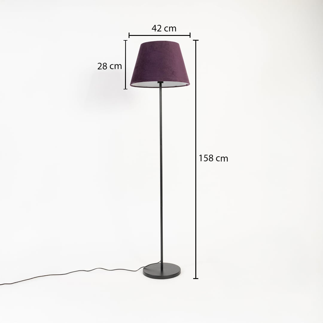 Purple shade floor lamp with slim black metal stand 158 cm height 42 cm width and 28 cm shade depth.