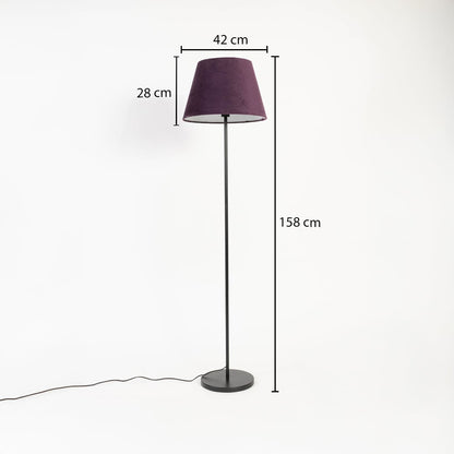 Purple shade floor lamp with slim black metal stand 158 cm height 42 cm width and 28 cm shade depth.