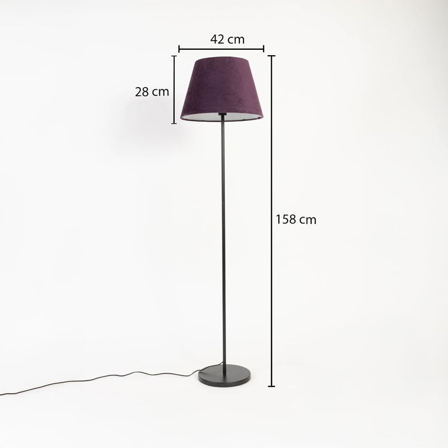 Purple shade floor lamp with slim black metal stand 158 cm height 42 cm width and 28 cm shade depth.