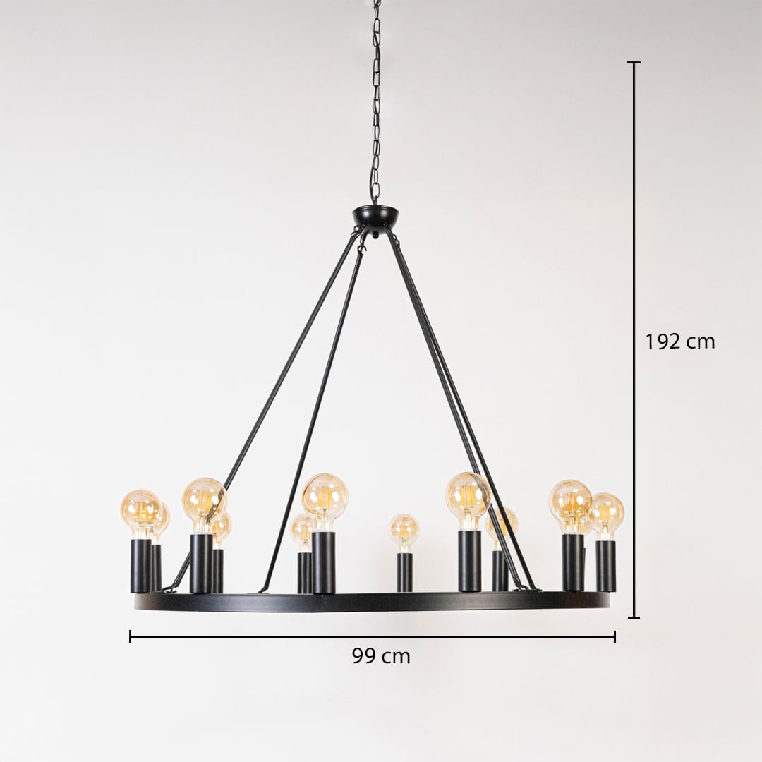 Modern black metal ring chandelier with Edison bulbs showing 192cm total height 99cm diameter on pristine white background.