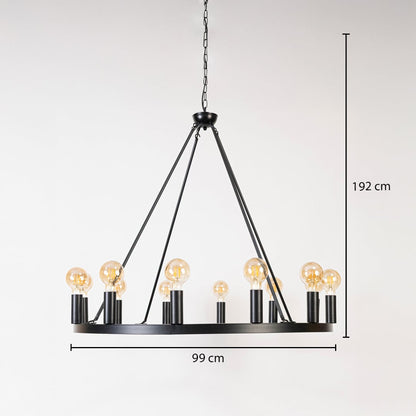 Modern black metal ring chandelier with Edison bulbs showing 192cm total height 99cm diameter on pristine white background.
