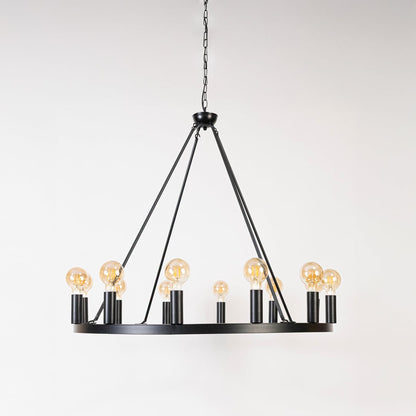 Contemporary black metal ring chandelier with chain and Edison bulb sockets turned off displayed on clean white background.