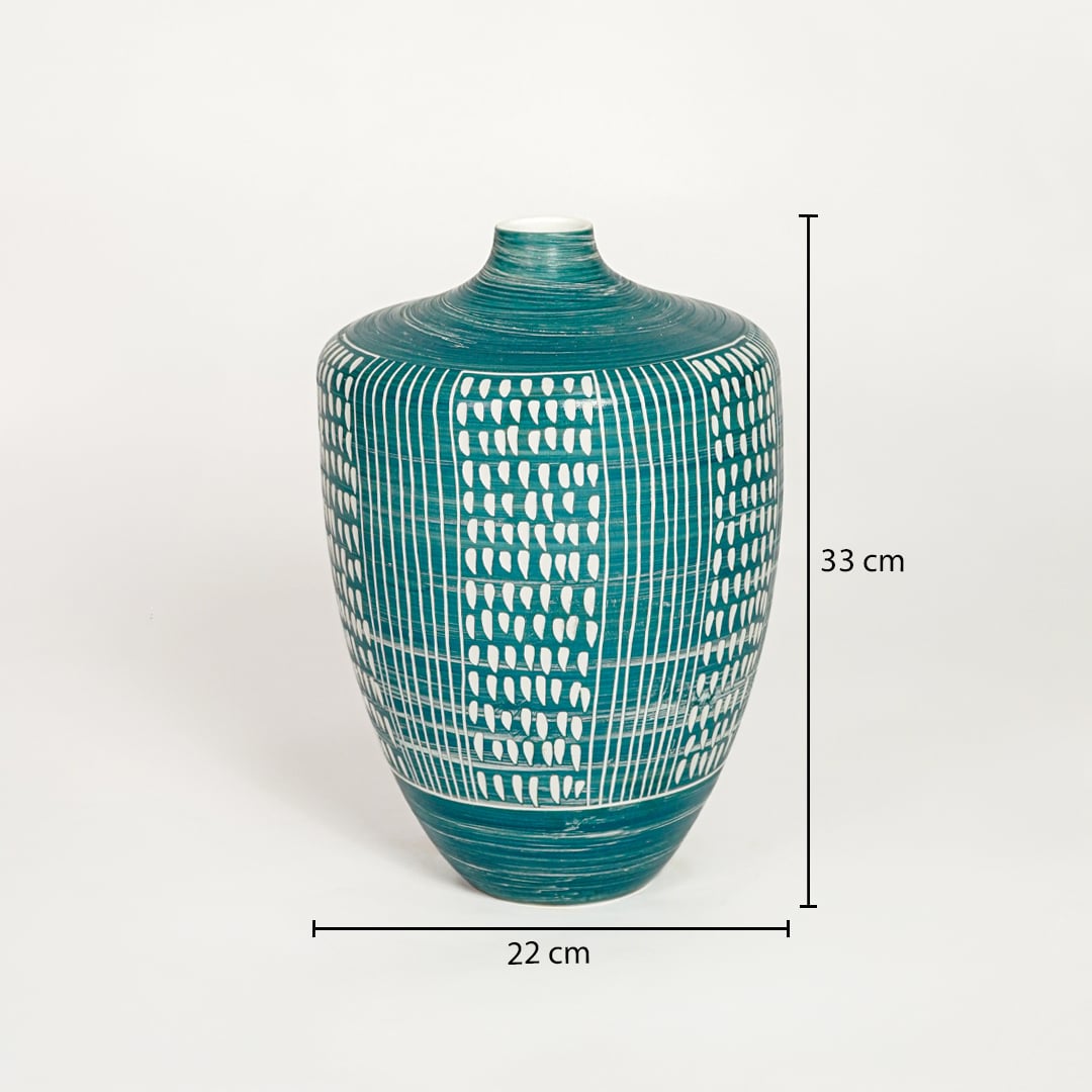 Teal ceramic textured decorative vase measuring 33 cm height and 22 cm width perfect for contemporary tabletop decor styling.