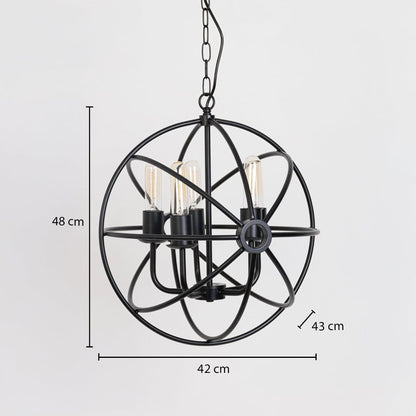 Black chandelier with open frame and bulbs shown with dimensions 48cm height and 42cm width for ceiling placement