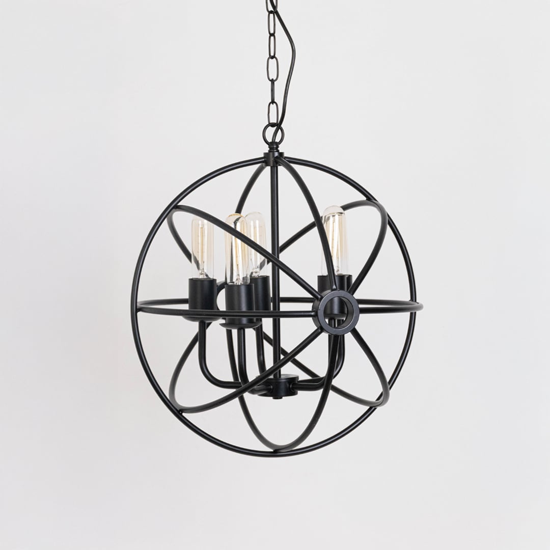 Black chandelier with spherical frame and bulb holders in off mode displayed on white background for decor showcase.