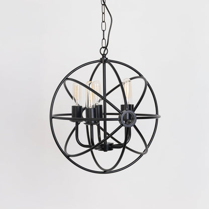 Black chandelier with spherical frame and bulb holders in off mode displayed on white background for decor showcase.