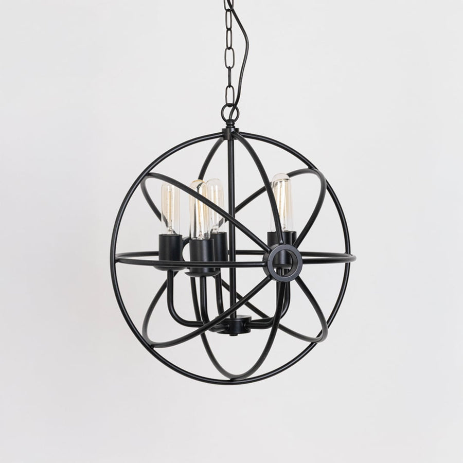 Black chandelier with spherical frame and bulb holders in off mode displayed on white background for decor showcase.