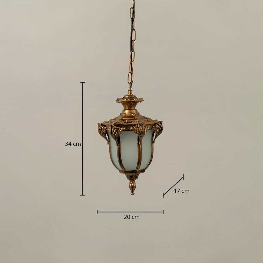 Technical diagram of black outdoor pendant light showing height 35 cm width 20 cm and depth 18 cm for installation reference.