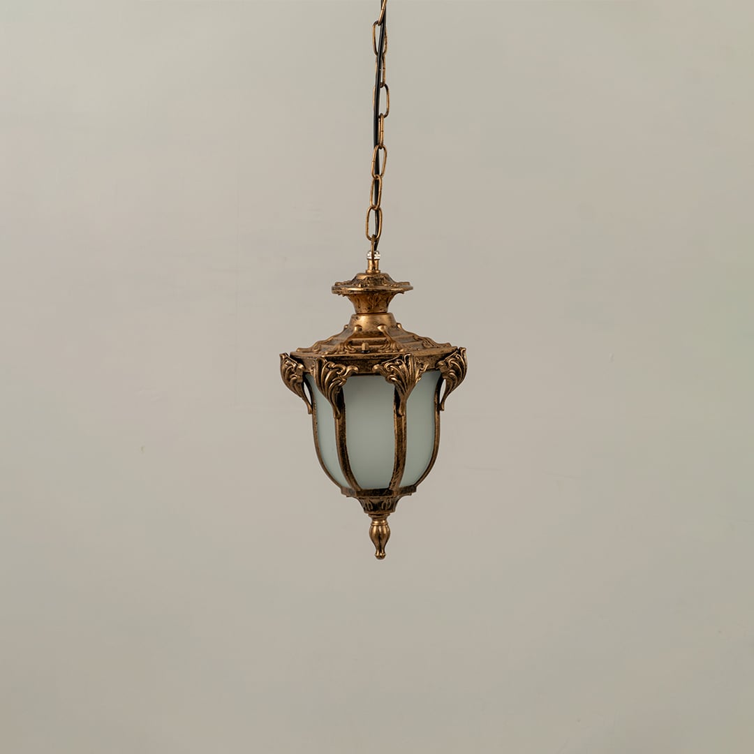 Unlit black metal garden hanging light fixture with chain and frosted glass panels isolated against a plain white background.