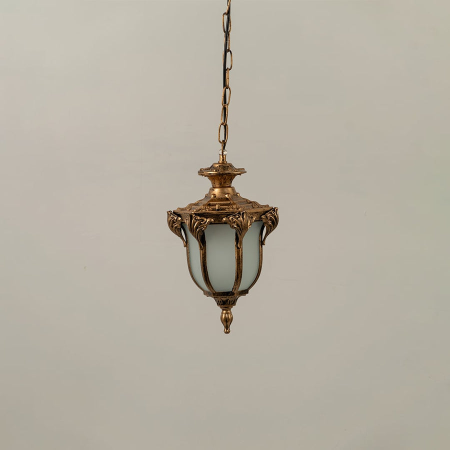 Unlit black metal garden hanging light fixture with chain and frosted glass panels isolated against a plain white background.