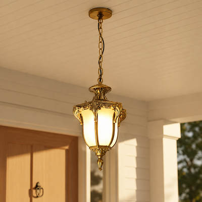 Antique gold brass hanging porch lantern light for front door entry ceiling decoration with warm vintage aesthetic finish.