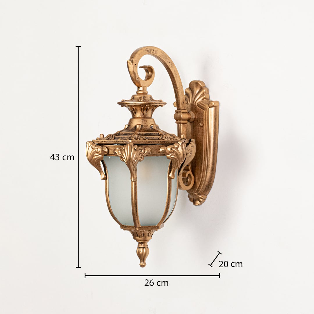Outdoor wall lamp with size dimensions 43 cm height 26 cm depth and 20 cm width is designed for exterior lighting.