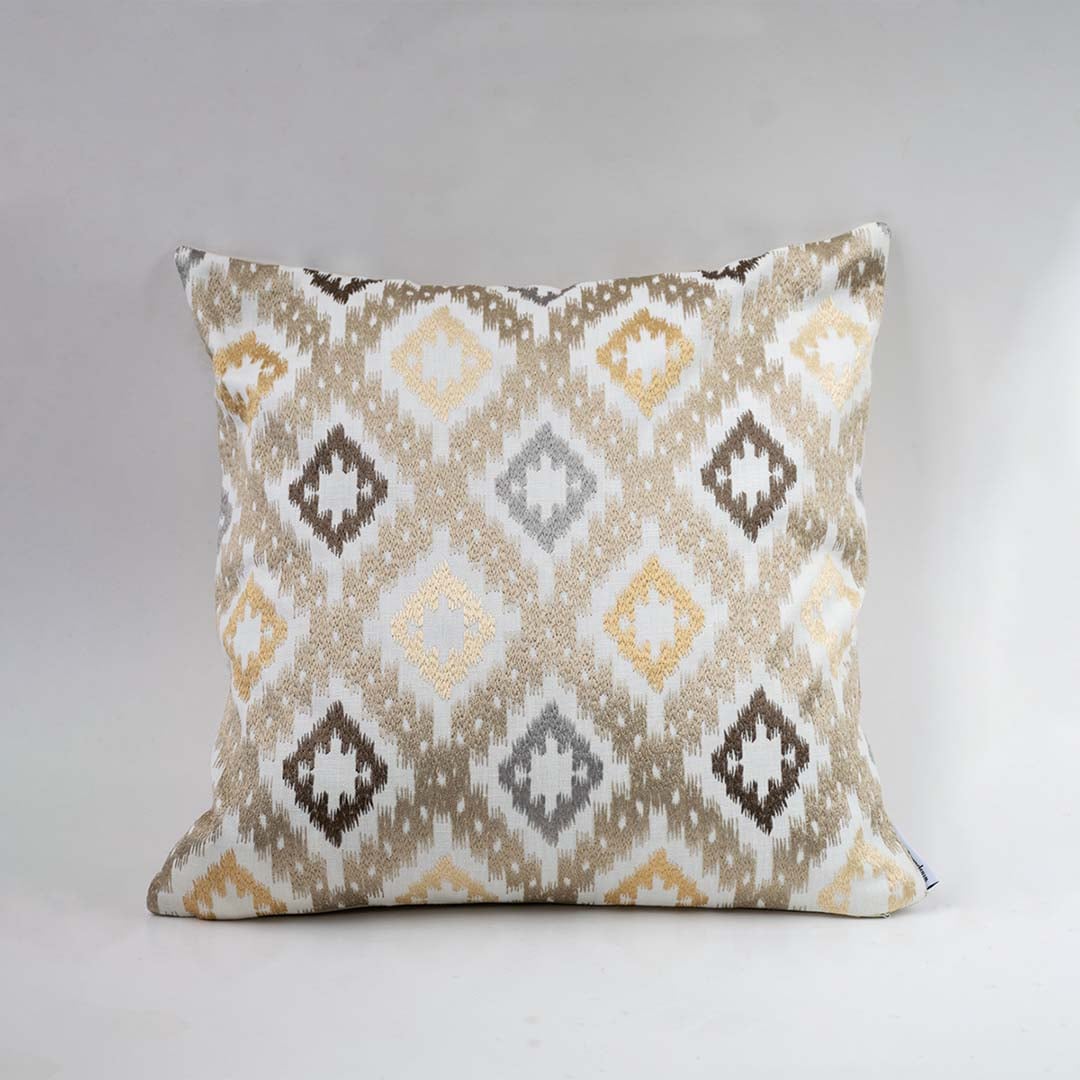 White background image displaying square cushion cover with beige brown and grey geometric pattern suitable for sofa bed or chair styling.
