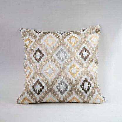 White background image displaying square cushion cover with beige brown and grey geometric pattern suitable for sofa bed or chair styling.