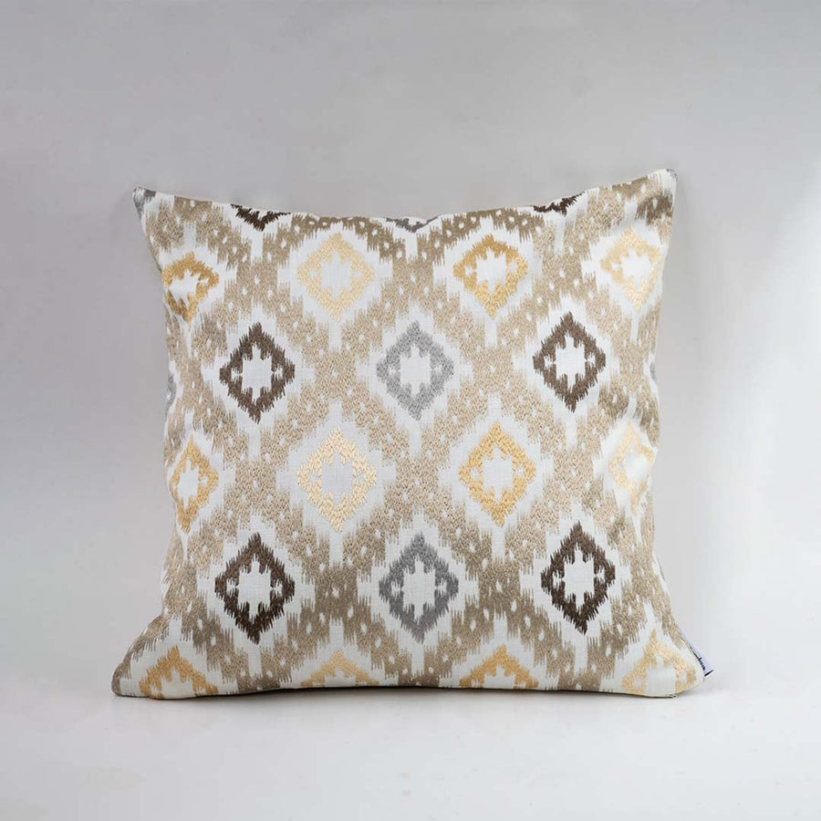 White background image displaying square cushion cover with beige brown and grey geometric pattern suitable for sofa bed or chair styling.