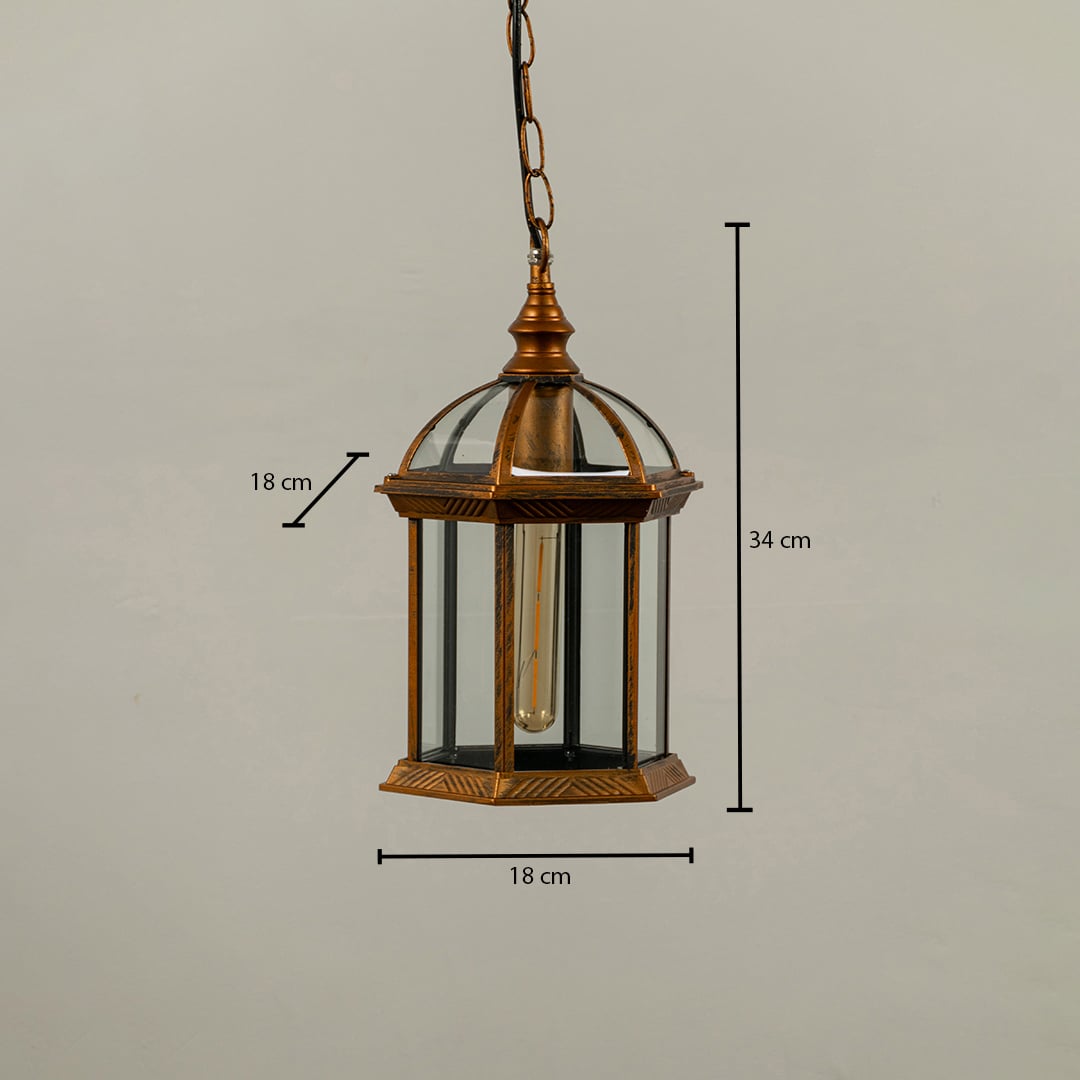 Bronze vintage hanging lantern with clear glass showing dimensions 34 cm height and 18 cm width offering accurate measurements for installation planning.