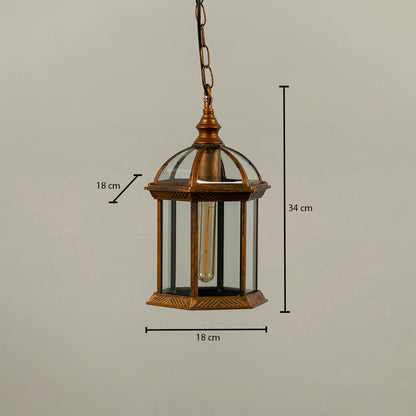 Bronze vintage hanging lantern with clear glass showing dimensions 34 cm height and 18 cm width offering accurate measurements for installation planning.