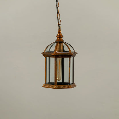 Bronze vintage hanging lantern on white background with light off highlighting clear glass panels dome top structure and classic hexagonal frame.